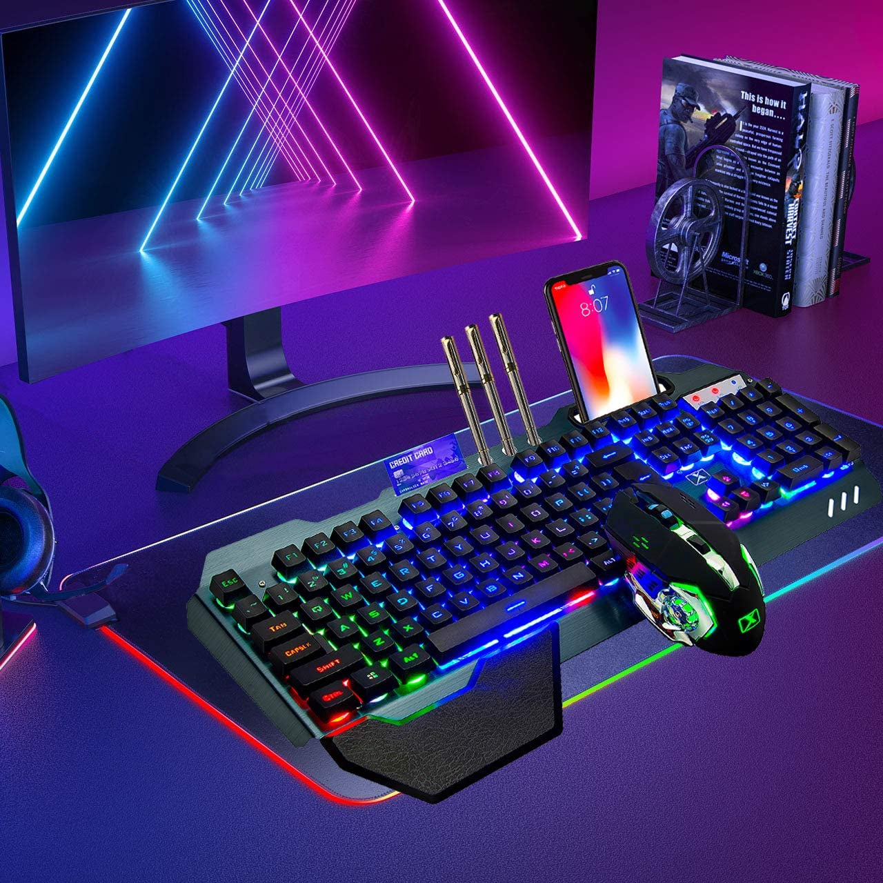 Wireless Gaming Keyboard and Mouse Set with Rainbow Backlighting, Rechargeable 3800mAh Battery, Metal Panel, Removable Wrist Rest, Mechanical Feel, and 7-Color Silent Mouse for PC Gamers