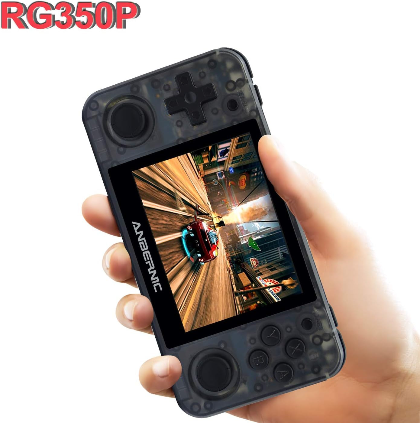 RG350P Handheld Game Console - Portable Gaming Device with 32GB TF Card and 2500 Classic Games, 3.5 Inch HD Screen, HDMI Output, Black Transparent