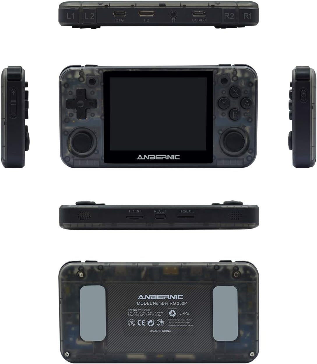 RG350P Handheld Game Console - Portable Gaming Device with 32GB TF Card and 2500 Classic Games, 3.5 Inch HD Screen, HDMI Output, Black Transparent