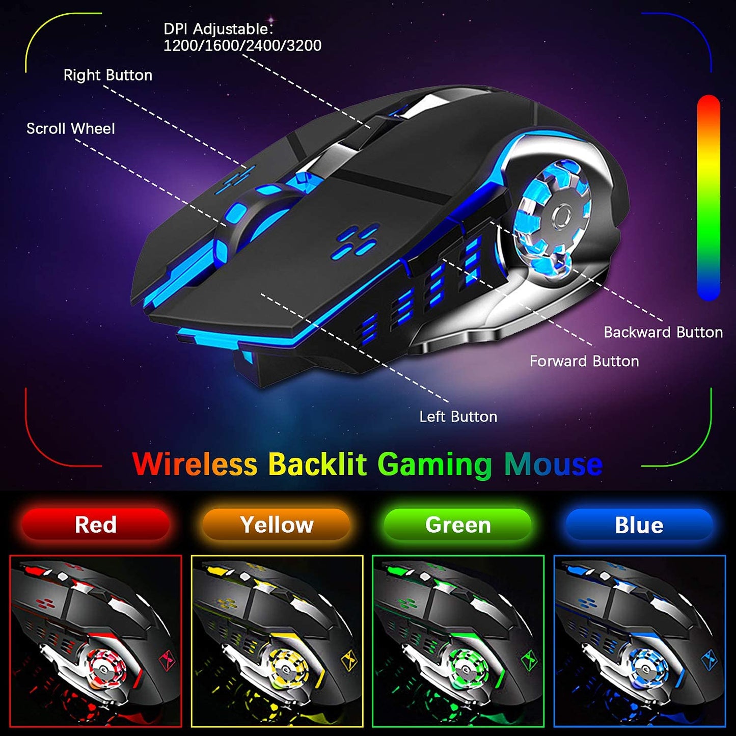 Wireless Gaming Keyboard and Mouse Set with Rainbow Backlighting, Rechargeable 3800mAh Battery, Metal Panel, Removable Wrist Rest, Mechanical Feel, and 7-Color Silent Mouse for PC Gamers