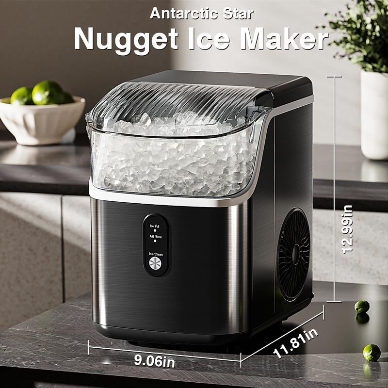 Electactic Nugget Countertop Ice Maker with Soft Chewable Pellet Ice, Pebble Portable Ice Machine, 34Lbs/Day, Self-Cleaning, Sonic Ice Maker, One Button Operation, for Kitchen,Office Stainless Steel Black