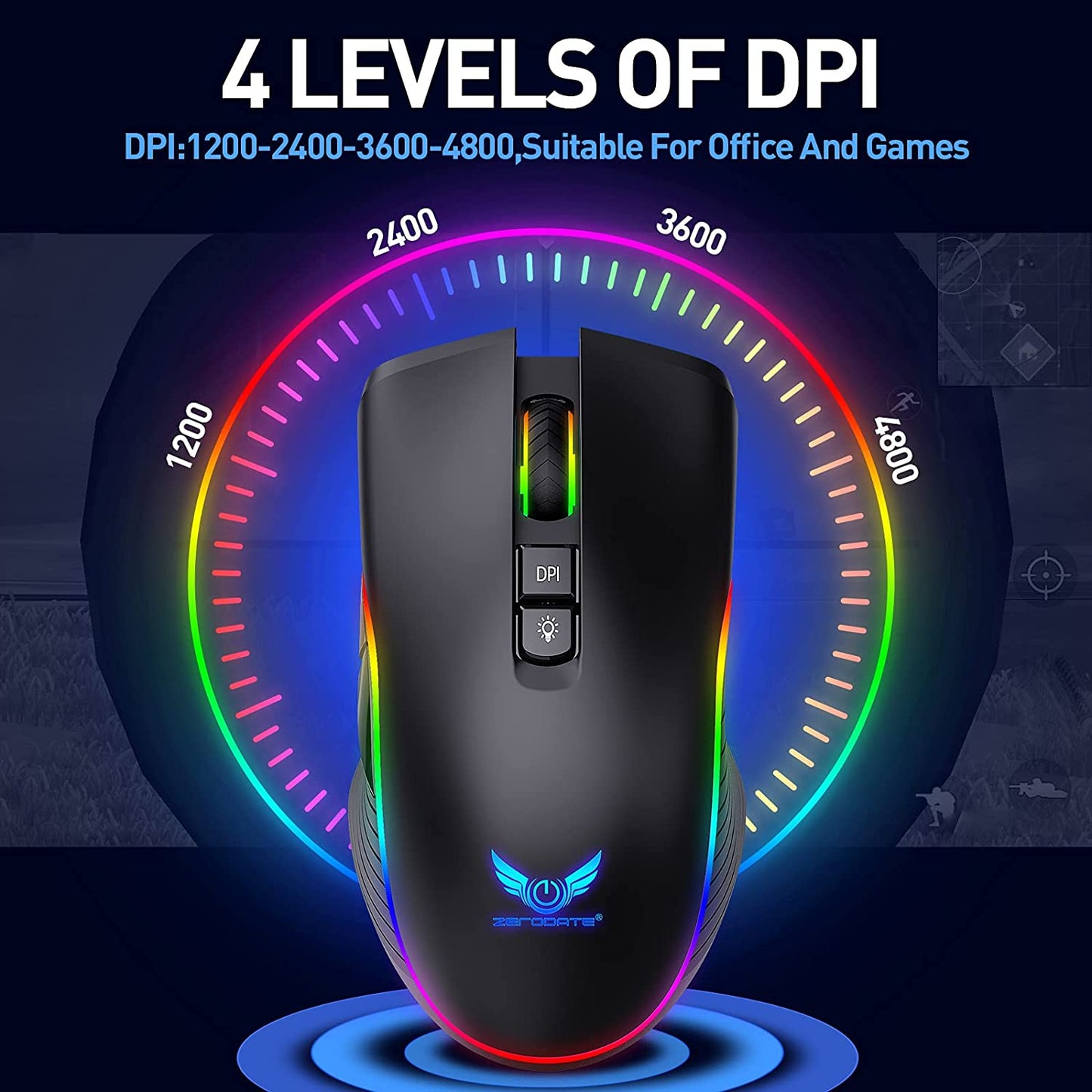 Rechargeable Wireless Gaming Mouse with RGB LED Lighting, 4 Adjustable DPI Settings, 7 Buttons, and 2.4G USB Optical Connectivity for Ergonomic Use with Laptops and Desktops (Black)