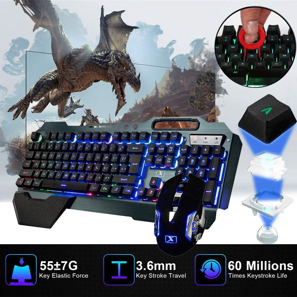 Wireless Gaming Keyboard and Mouse Set with Rainbow Backlighting, Rechargeable 3800mAh Battery, Metal Panel, Removable Wrist Rest, Mechanical Feel, and 7-Color Silent Mouse for PC Gamers