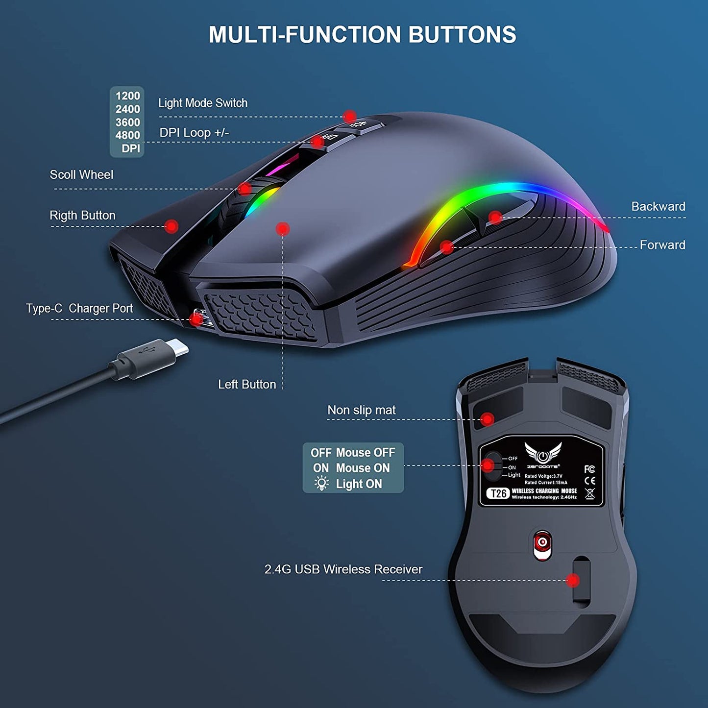 Rechargeable Wireless Gaming Mouse with RGB LED Lighting, 4 Adjustable DPI Settings, 7 Buttons, and 2.4G USB Optical Connectivity for Ergonomic Use with Laptops and Desktops (Black)