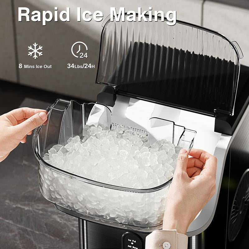Electactic Nugget Countertop Ice Maker with Soft Chewable Pellet Ice, Pebble Portable Ice Machine, 34Lbs/Day, Self-Cleaning, Sonic Ice Maker, One Button Operation, for Kitchen,Office Stainless Steel Black