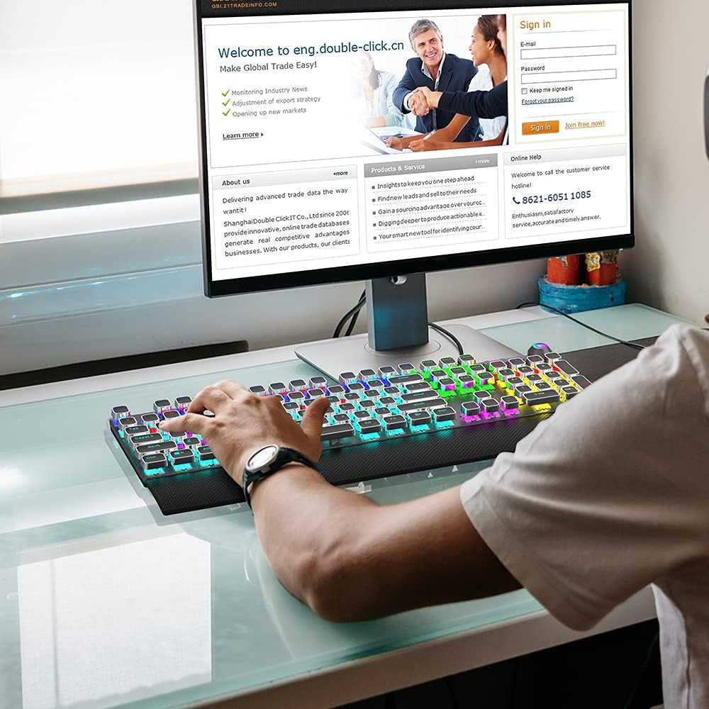 Professional Mechanical Gaming Keyboard with LED Rainbow Backlighting, 104 Anti-Ghosting Keys, Quick-Response Black Switches, Multimedia Controls, and Removable Hand Rest for PC and Desktop Use