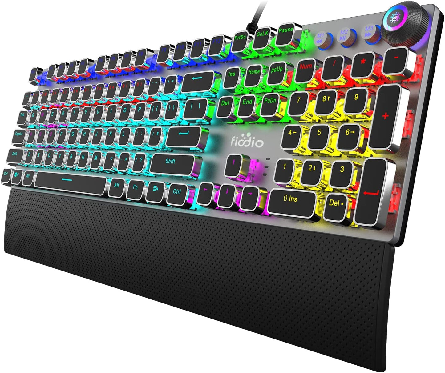 Professional Mechanical Gaming Keyboard with LED Rainbow Backlighting, 104 Anti-Ghosting Keys, Quick-Response Black Switches, Multimedia Controls, and Removable Hand Rest for PC and Desktop Use