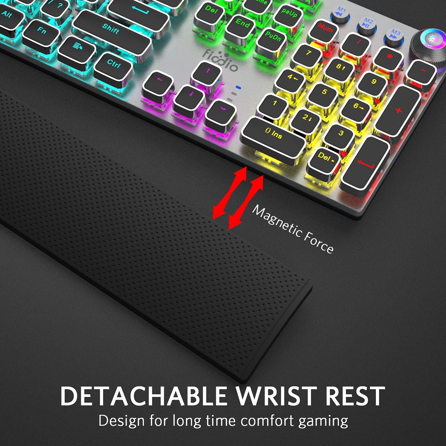 Professional Mechanical Gaming Keyboard with LED Rainbow Backlighting, 104 Anti-Ghosting Keys, Quick-Response Black Switches, Multimedia Controls, and Removable Hand Rest for PC and Desktop Use