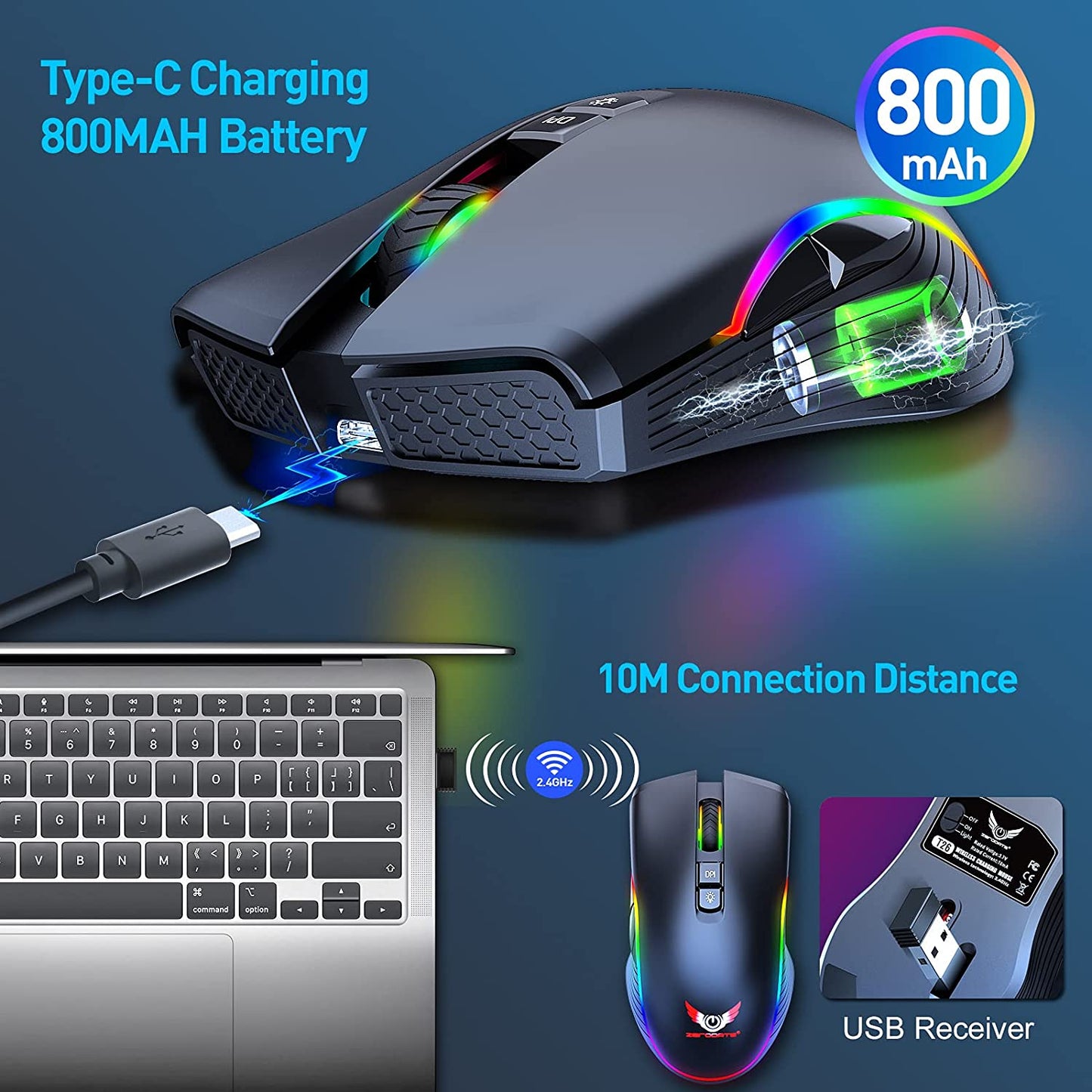 Rechargeable Wireless Gaming Mouse with RGB LED Lighting, 4 Adjustable DPI Settings, 7 Buttons, and 2.4G USB Optical Connectivity for Ergonomic Use with Laptops and Desktops (Black)