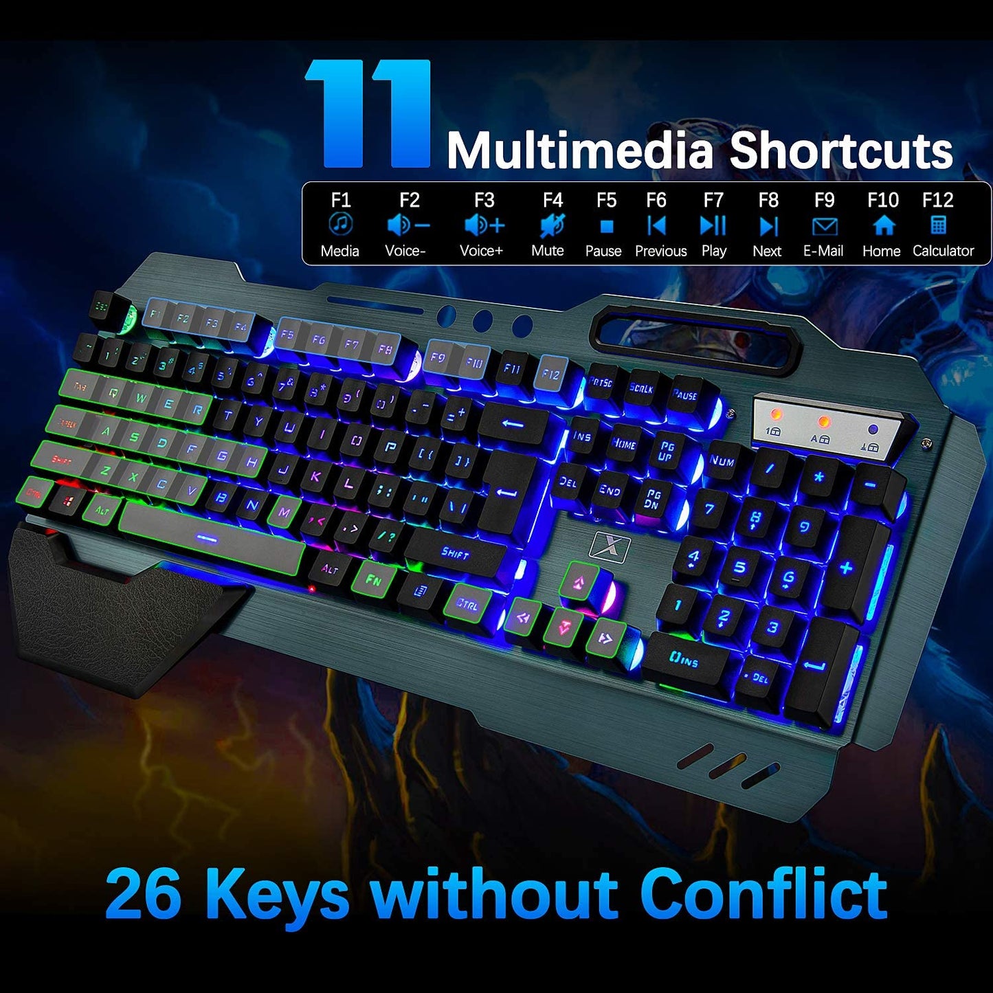 Wireless Gaming Keyboard and Mouse Set with Rainbow Backlighting, Rechargeable 3800mAh Battery, Metal Panel, Removable Wrist Rest, Mechanical Feel, and 7-Color Silent Mouse for PC Gamers