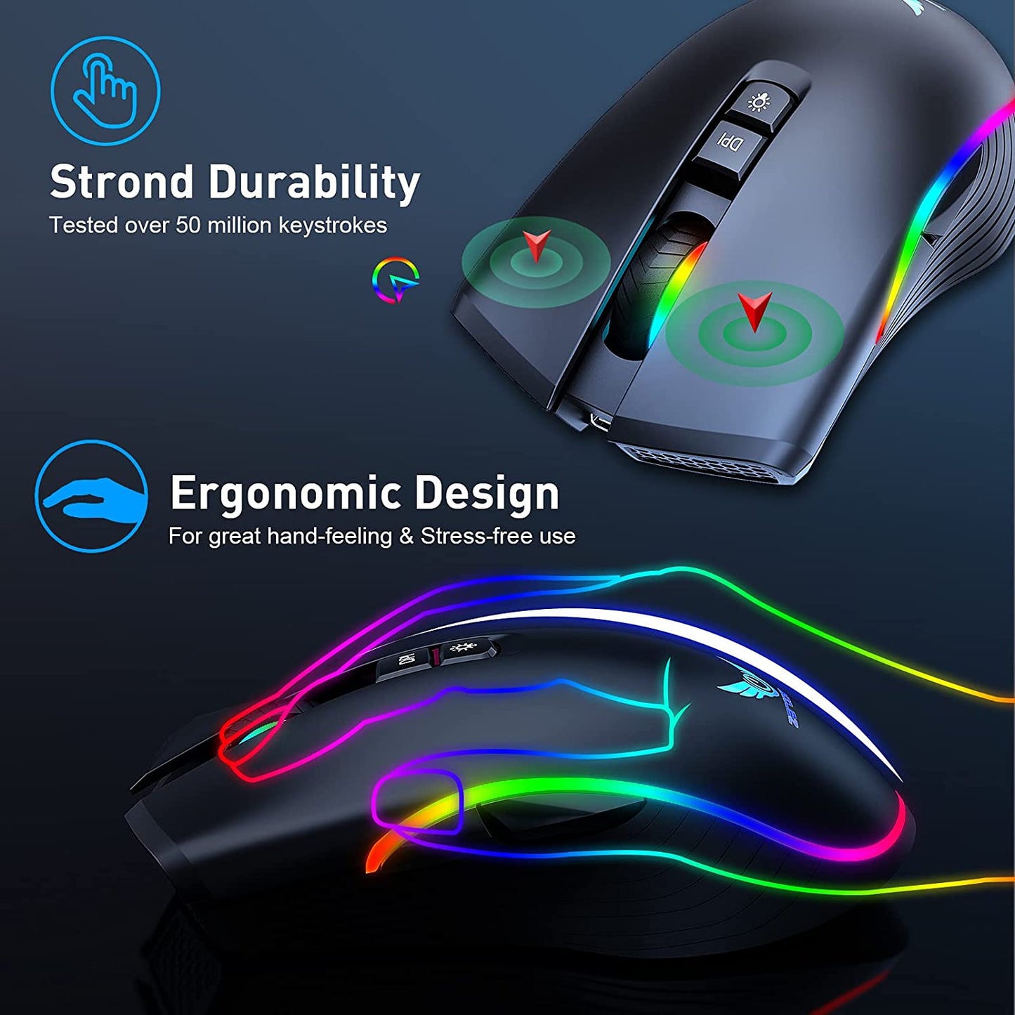 Rechargeable Wireless Gaming Mouse with RGB LED Lighting, 4 Adjustable DPI Settings, 7 Buttons, and 2.4G USB Optical Connectivity for Ergonomic Use with Laptops and Desktops (Black)
