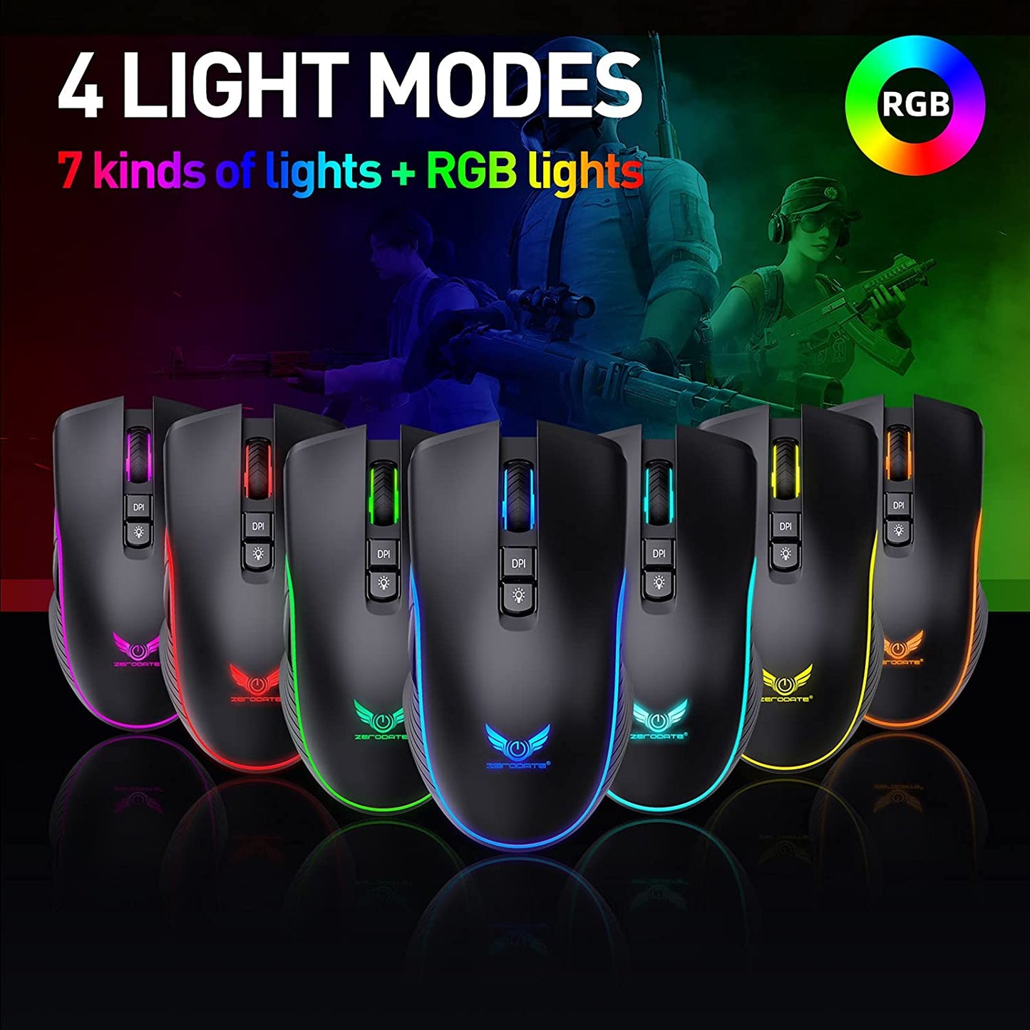 Rechargeable Wireless Gaming Mouse with RGB LED Lighting, 4 Adjustable DPI Settings, 7 Buttons, and 2.4G USB Optical Connectivity for Ergonomic Use with Laptops and Desktops (Black)
