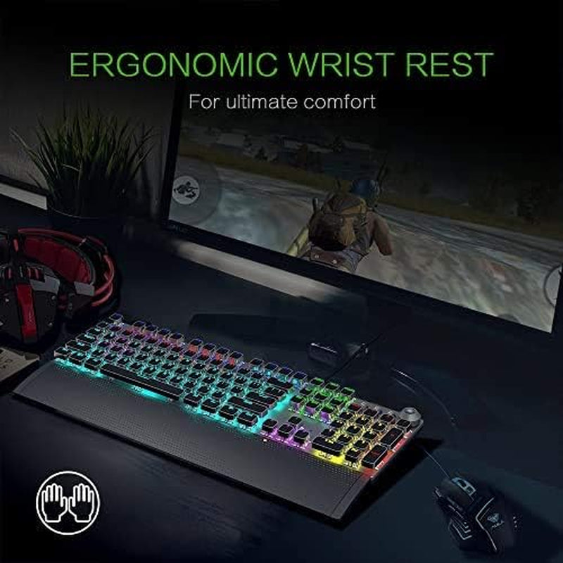 Professional Mechanical Gaming Keyboard with LED Rainbow Backlighting, 104 Anti-Ghosting Keys, Quick-Response Black Switches, Multimedia Controls, and Removable Hand Rest for PC and Desktop Use
