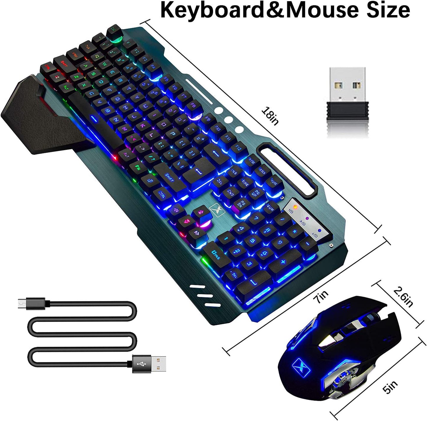 Wireless Gaming Keyboard and Mouse Set with Rainbow Backlighting, Rechargeable 3800mAh Battery, Metal Panel, Removable Wrist Rest, Mechanical Feel, and 7-Color Silent Mouse for PC Gamers