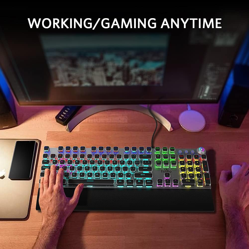 Professional Mechanical Gaming Keyboard with LED Rainbow Backlighting, 104 Anti-Ghosting Keys, Quick-Response Black Switches, Multimedia Controls, and Removable Hand Rest for PC and Desktop Use