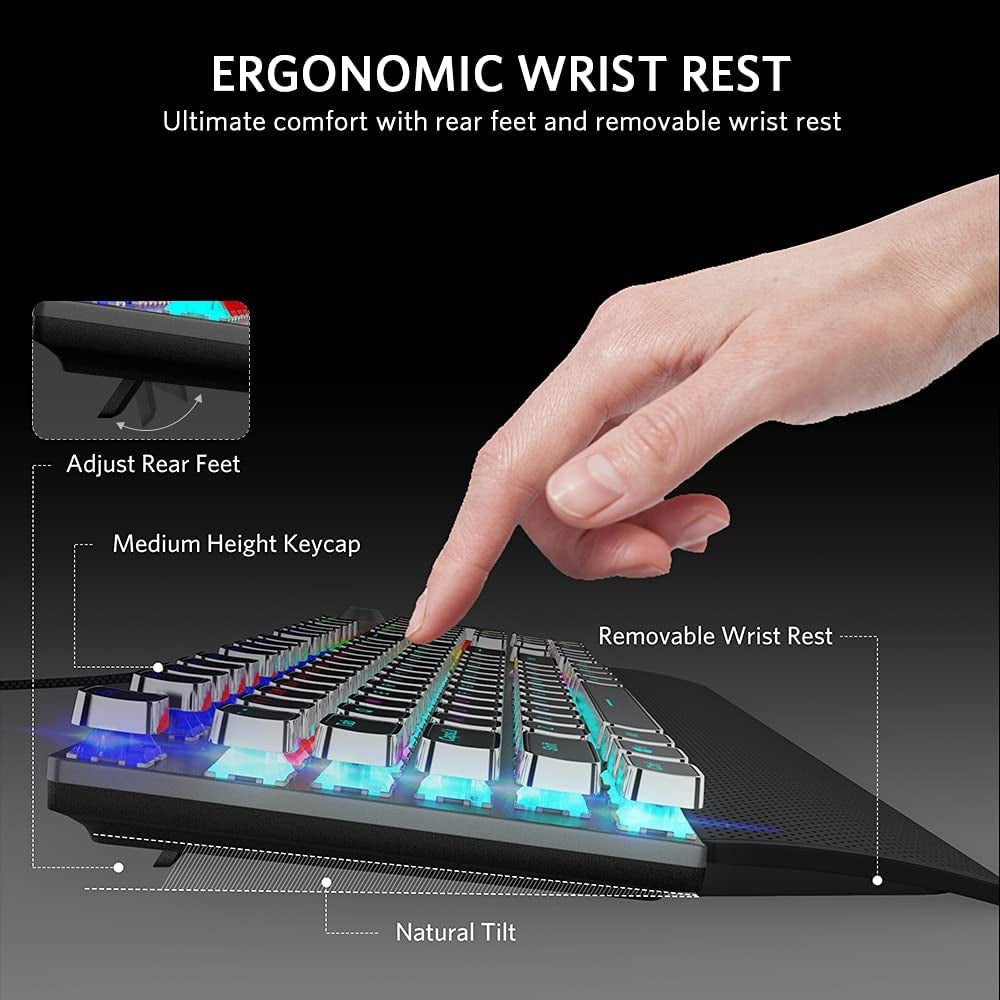 Professional Mechanical Gaming Keyboard with LED Rainbow Backlighting, 104 Anti-Ghosting Keys, Quick-Response Black Switches, Multimedia Controls, and Removable Hand Rest for PC and Desktop Use