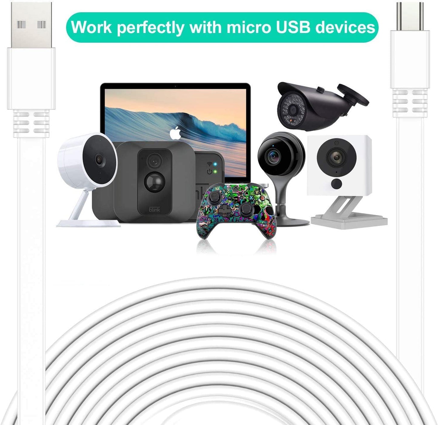 20ft Extension Cable for Wyze Cam V4 (2-Pack) - USB to Micro USB Power Cord for Wyze Cam OG, V3, V3 Pro, Blink Outdoor 3rd Gen, XT, Mini, and Indoor Security Cameras - Waterproof Charging Wire
