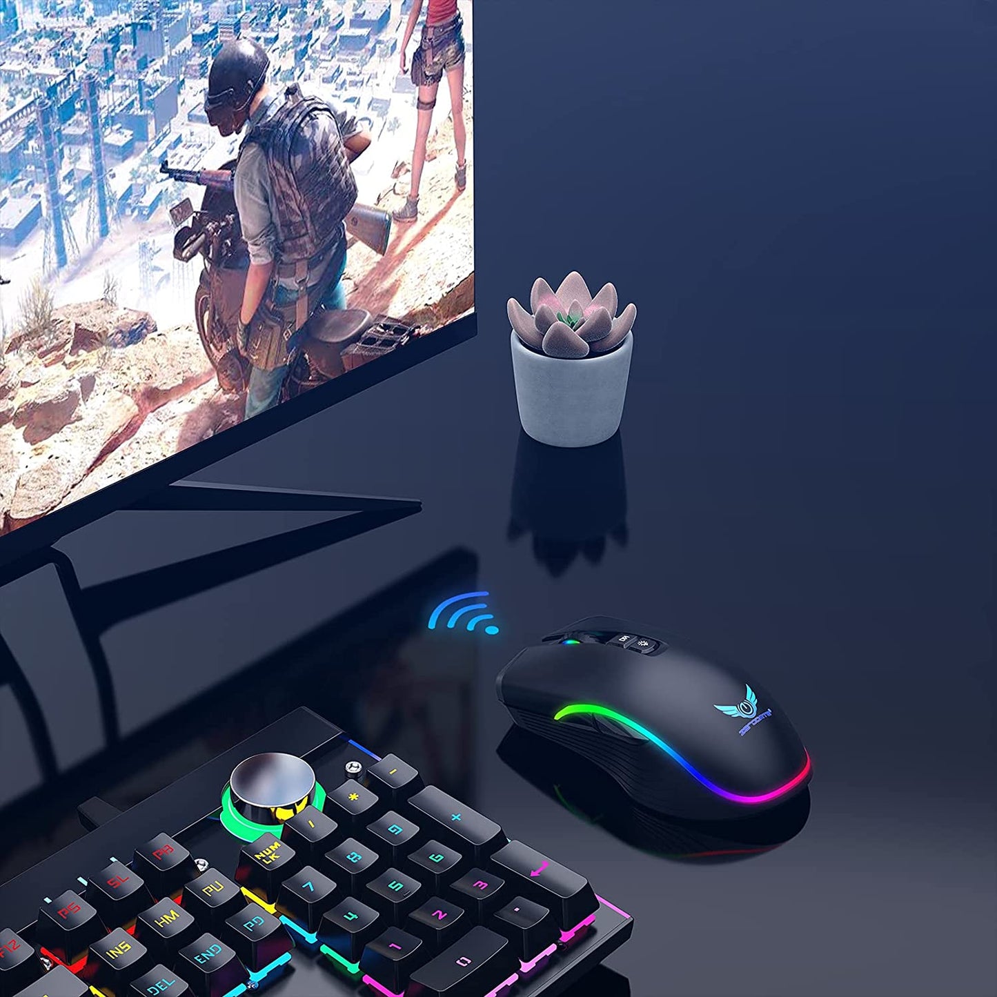 Rechargeable Wireless Gaming Mouse with RGB LED Lighting, 4 Adjustable DPI Settings, 7 Buttons, and 2.4G USB Optical Connectivity for Ergonomic Use with Laptops and Desktops (Black)