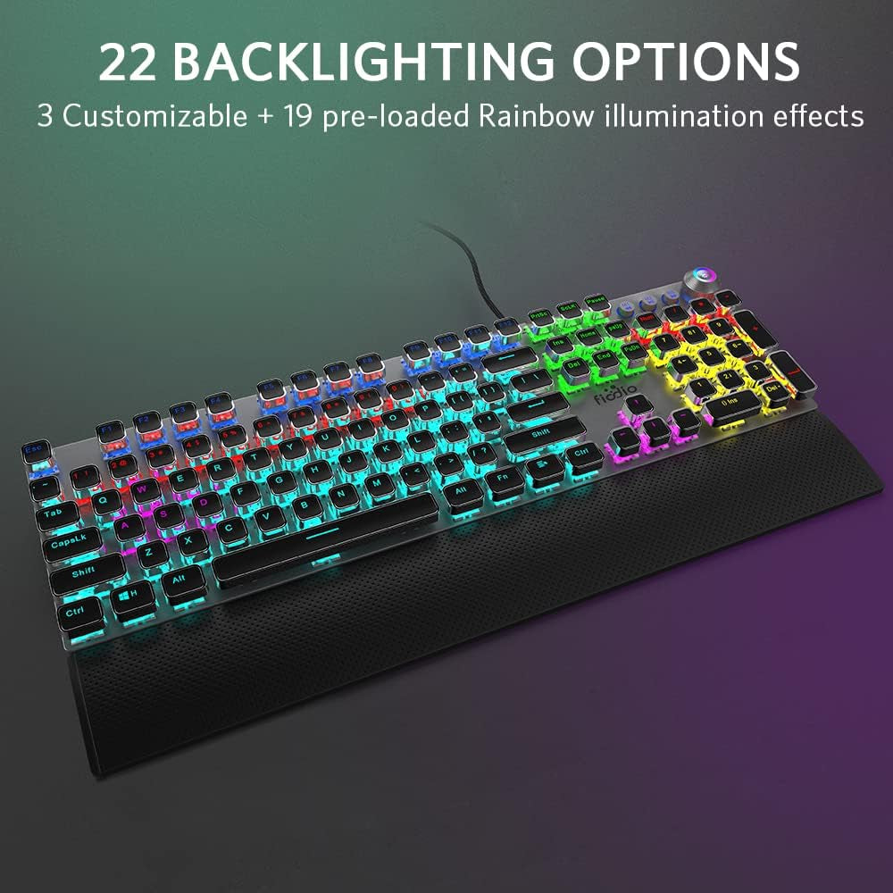 Professional Mechanical Gaming Keyboard with LED Rainbow Backlighting, 104 Anti-Ghosting Keys, Quick-Response Black Switches, Multimedia Controls, and Removable Hand Rest for PC and Desktop Use