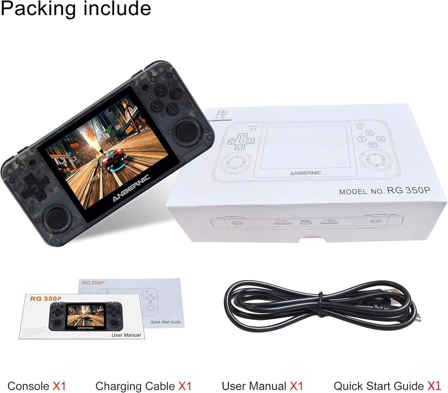 RG350P Handheld Game Console - Portable Gaming Device with 32GB TF Card and 2500 Classic Games, 3.5 Inch HD Screen, HDMI Output, Black Transparent