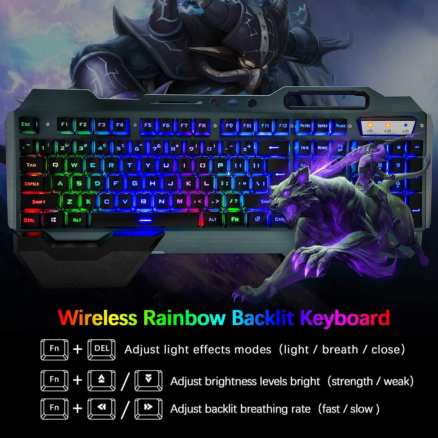 Wireless Gaming Keyboard and Mouse Set with Rainbow Backlighting, Rechargeable 3800mAh Battery, Metal Panel, Removable Wrist Rest, Mechanical Feel, and 7-Color Silent Mouse for PC Gamers