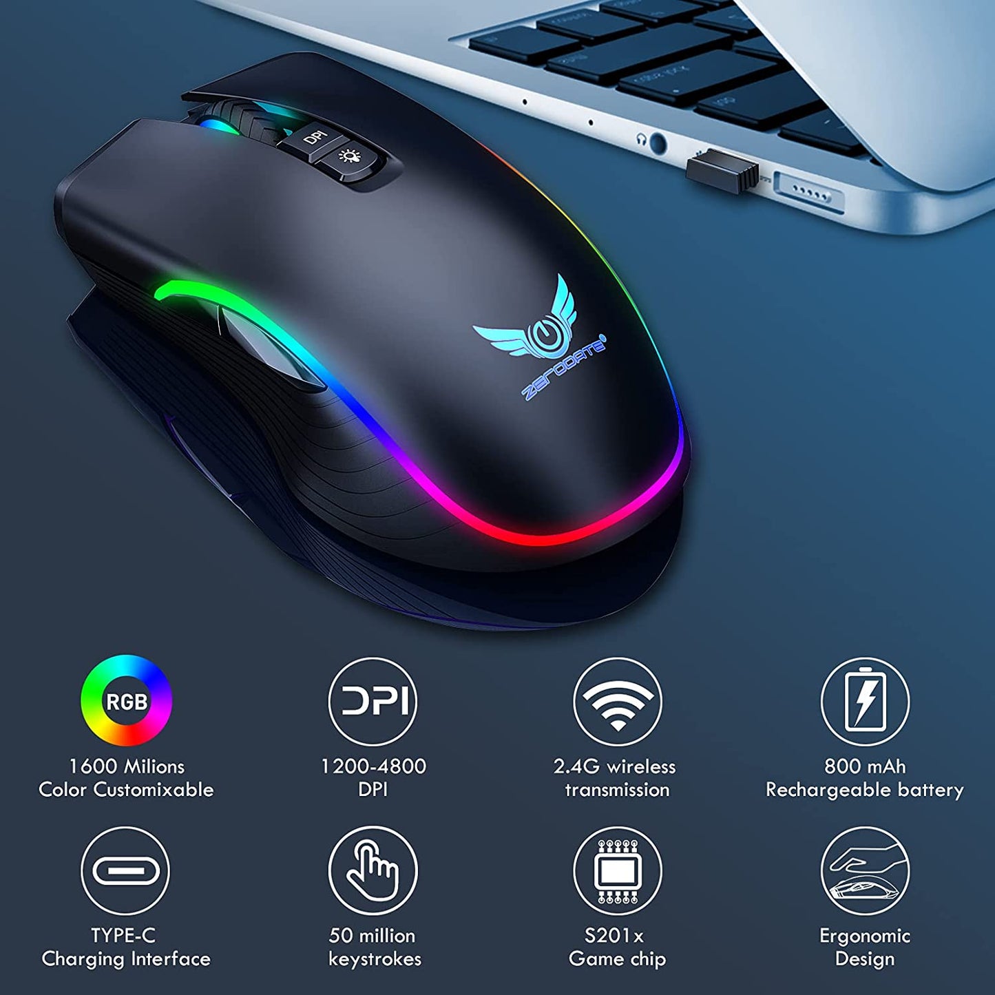 Rechargeable Wireless Gaming Mouse with RGB LED Lighting, 4 Adjustable DPI Settings, 7 Buttons, and 2.4G USB Optical Connectivity for Ergonomic Use with Laptops and Desktops (Black)
