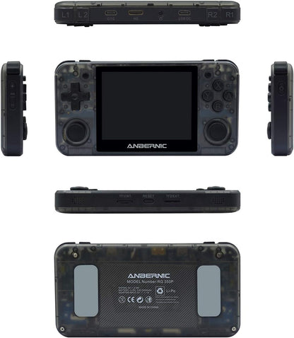 RG350P Handheld Game Console - Portable Gaming Device with 32GB TF Card and 2500 Classic Games, 3.5 Inch HD Screen, HDMI Output, Black Transparent