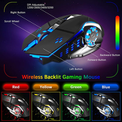 Wireless Gaming Keyboard and Mouse Set with Rainbow Backlighting, Rechargeable 3800mAh Battery, Metal Panel, Removable Wrist Rest, Mechanical Feel, and 7-Color Silent Mouse for PC Gamers