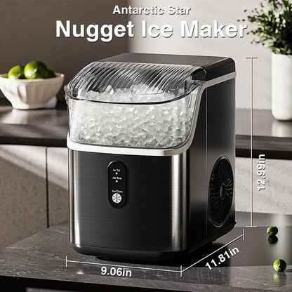 Electactic Nugget Countertop Ice Maker with Soft Chewable Pellet Ice, Pebble Portable Ice Machine, 34Lbs/Day, Self-Cleaning, Sonic Ice Maker, One Button Operation, for Kitchen,Office Stainless Steel Black
