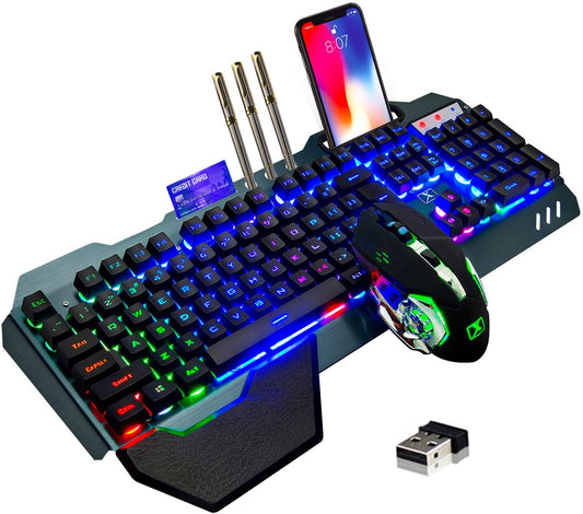 Wireless Gaming Keyboard and Mouse Set with Rainbow Backlighting, Rechargeable 3800mAh Battery, Metal Panel, Removable Wrist Rest, Mechanical Feel, and 7-Color Silent Mouse for PC Gamers