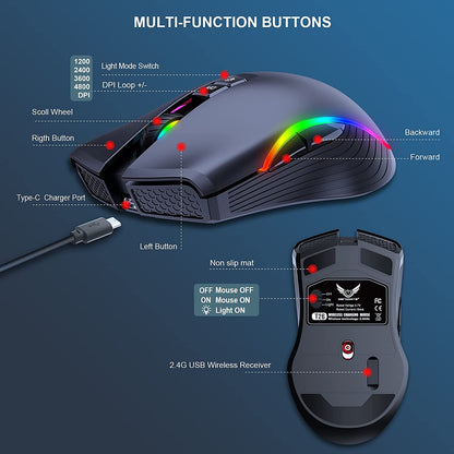 Rechargeable Wireless Gaming Mouse with RGB LED Lighting, 4 Adjustable DPI Settings, 7 Buttons, and 2.4G USB Optical Connectivity for Ergonomic Use with Laptops and Desktops (Black)