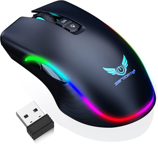 Rechargeable Wireless Gaming Mouse with RGB LED Lighting, 4 Adjustable DPI Settings, 7 Buttons, and 2.4G USB Optical Connectivity for Ergonomic Use with Laptops and Desktops (Black)