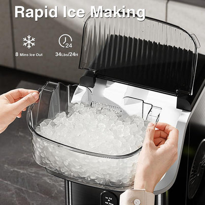 Electactic Nugget Countertop Ice Maker with Soft Chewable Pellet Ice, Pebble Portable Ice Machine, 34Lbs/Day, Self-Cleaning, Sonic Ice Maker, One Button Operation, for Kitchen,Office Stainless Steel Black