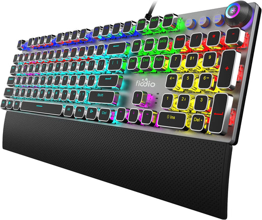 Professional Mechanical Gaming Keyboard with LED Rainbow Backlighting, 104 Anti-Ghosting Keys, Quick-Response Black Switches, Multimedia Controls, and Removable Hand Rest for PC and Desktop Use