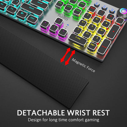 Professional Mechanical Gaming Keyboard with LED Rainbow Backlighting, 104 Anti-Ghosting Keys, Quick-Response Black Switches, Multimedia Controls, and Removable Hand Rest for PC and Desktop Use