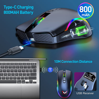 Rechargeable Wireless Gaming Mouse with RGB LED Lighting, 4 Adjustable DPI Settings, 7 Buttons, and 2.4G USB Optical Connectivity for Ergonomic Use with Laptops and Desktops (Black)