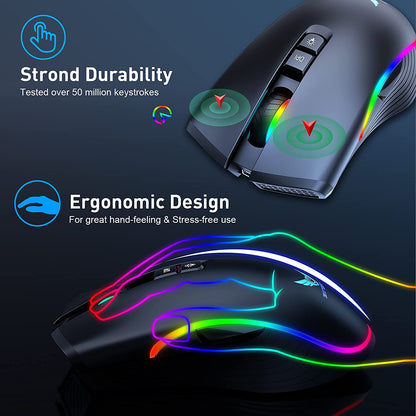 Rechargeable Wireless Gaming Mouse with RGB LED Lighting, 4 Adjustable DPI Settings, 7 Buttons, and 2.4G USB Optical Connectivity for Ergonomic Use with Laptops and Desktops (Black)