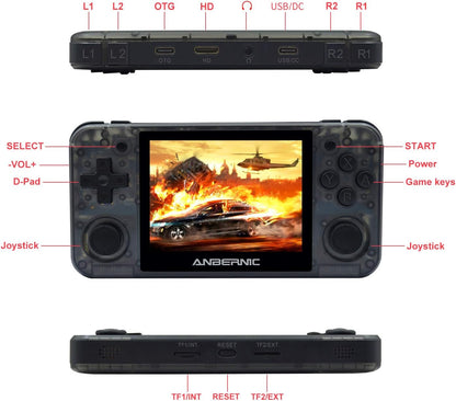 RG350P Handheld Game Console - Portable Gaming Device with 32GB TF Card and 2500 Classic Games, 3.5 Inch HD Screen, HDMI Output, Black Transparent