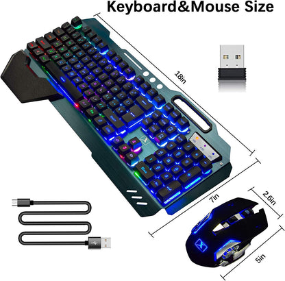 Wireless Gaming Keyboard and Mouse Set with Rainbow Backlighting, Rechargeable 3800mAh Battery, Metal Panel, Removable Wrist Rest, Mechanical Feel, and 7-Color Silent Mouse for PC Gamers