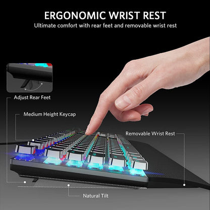 Professional Mechanical Gaming Keyboard with LED Rainbow Backlighting, 104 Anti-Ghosting Keys, Quick-Response Black Switches, Multimedia Controls, and Removable Hand Rest for PC and Desktop Use