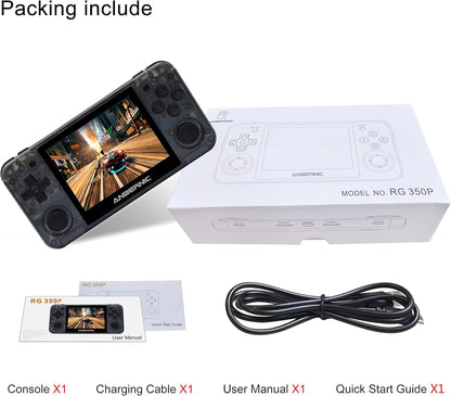 RG350P Handheld Game Console - Portable Gaming Device with 32GB TF Card and 2500 Classic Games, 3.5 Inch HD Screen, HDMI Output, Black Transparent