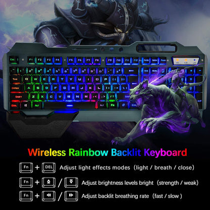 Wireless Gaming Keyboard and Mouse Set with Rainbow Backlighting, Rechargeable 3800mAh Battery, Metal Panel, Removable Wrist Rest, Mechanical Feel, and 7-Color Silent Mouse for PC Gamers