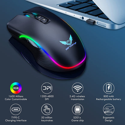 Rechargeable Wireless Gaming Mouse with RGB LED Lighting, 4 Adjustable DPI Settings, 7 Buttons, and 2.4G USB Optical Connectivity for Ergonomic Use with Laptops and Desktops (Black)